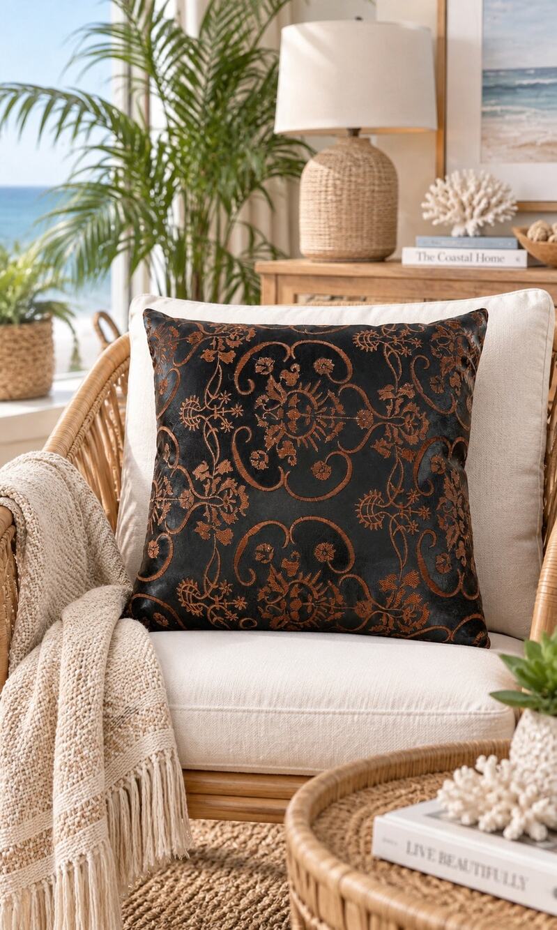 Espresso Brown Embroidered Faux Leather Paisley Stitch Decorative Throw Pillow